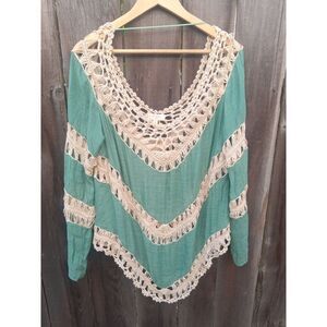 Umgee Boho /Peasant Crochet Shirt Womens Medium‎ Sage Cream Knit  Pullover